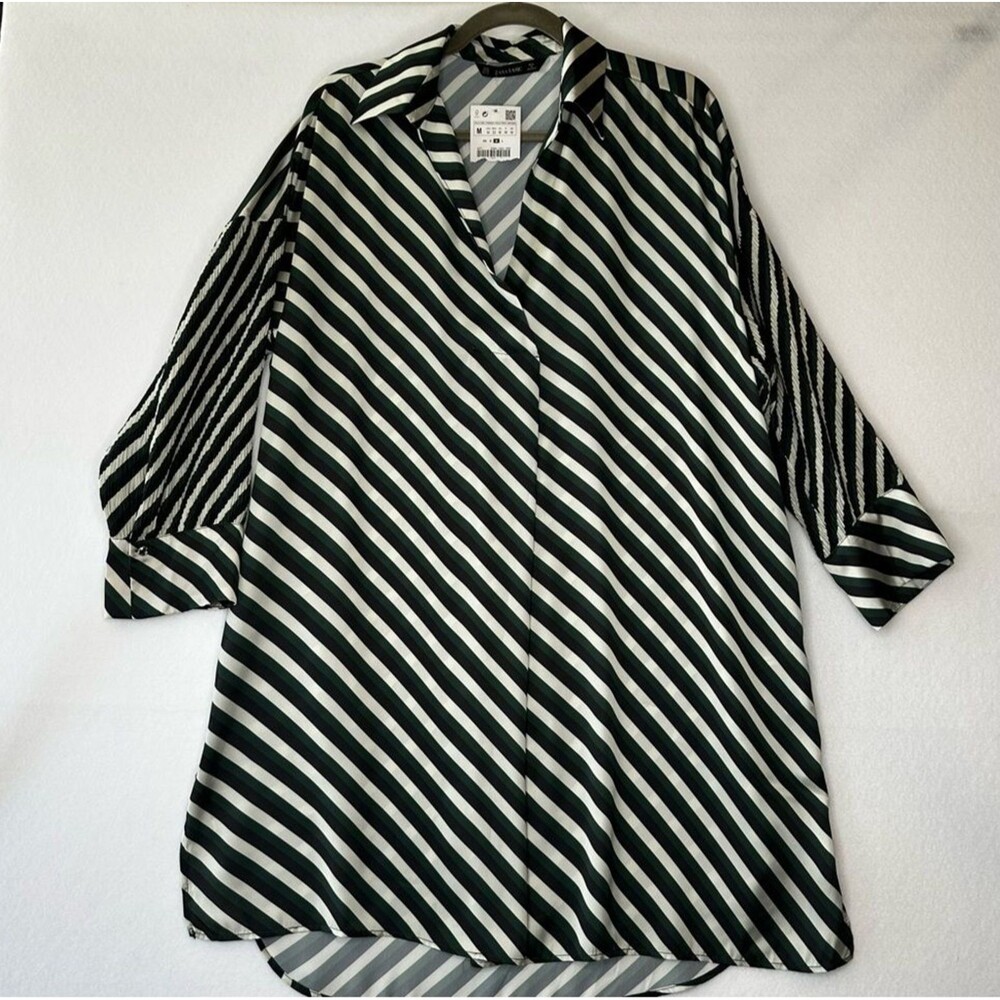 ZARA BASIC‎ Women's Green White Black Striped Night Shirt Dress M